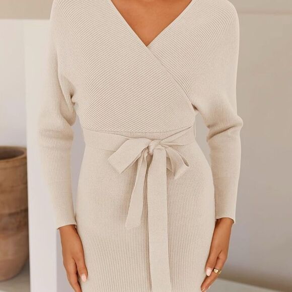 Tan V-Neck Dress with Tie Detail - Picture 1 of 8